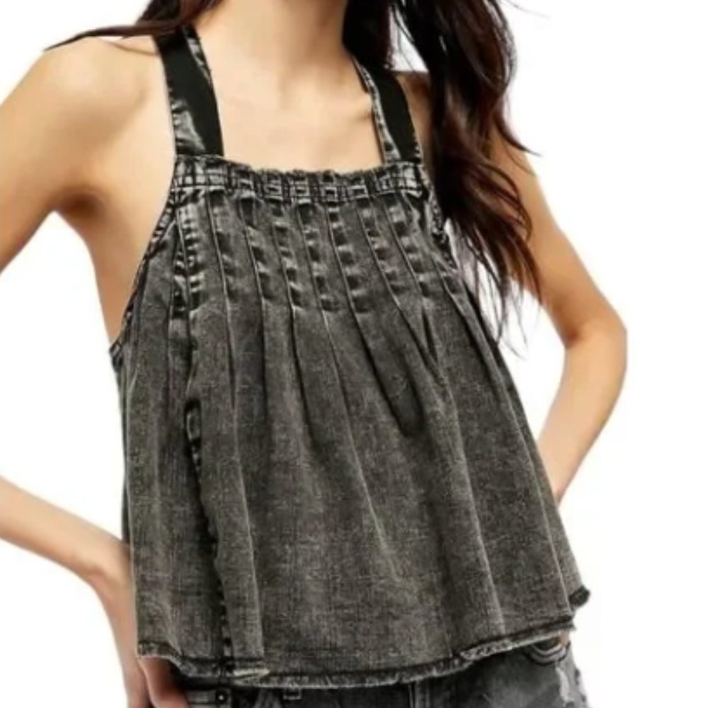 Free People Marina Crop Swing Tank with Adjustable Straps Black Denim SMALL NWT
